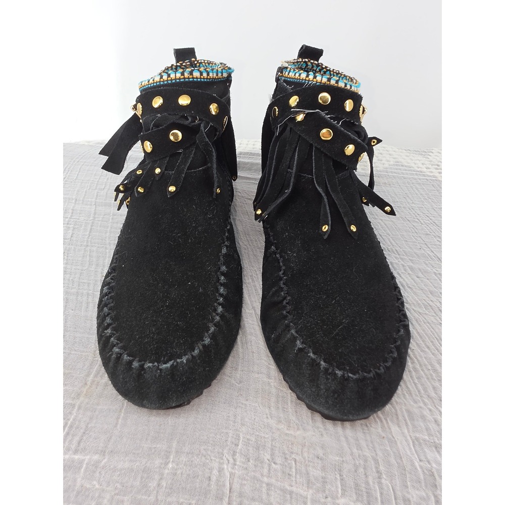 Aldo Womens Black Suede Fringe Moccasin Ankle Boots Beaded Studded Size 7